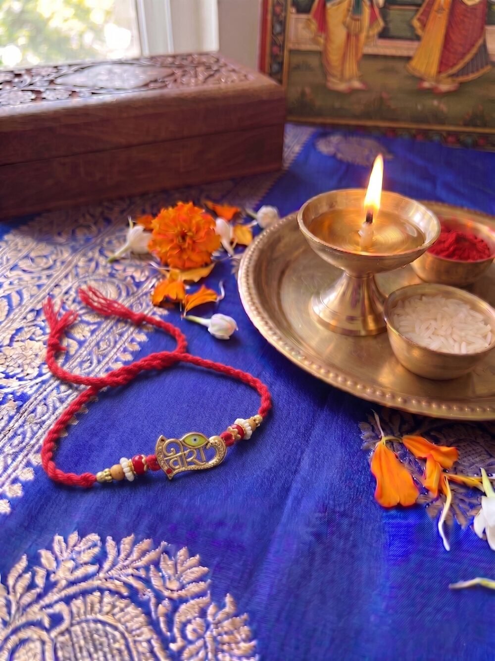 Traditional Veer Written Rakhi for Brother with Red Silk Thread