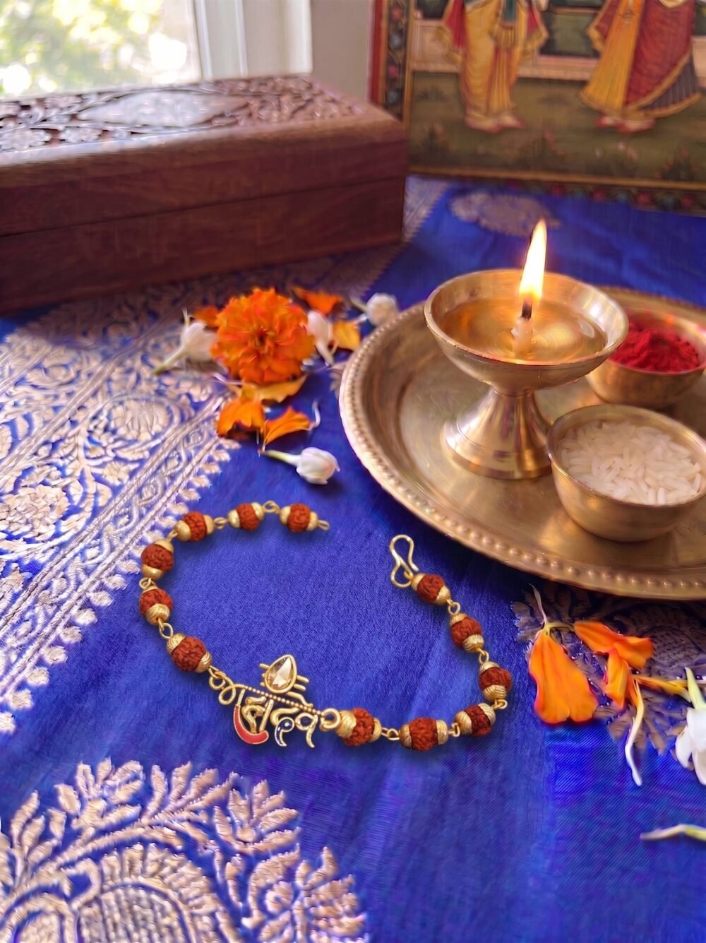 Mahadev Shiv Rudraksha Bracelet Rakhi for Men with Gold Hook