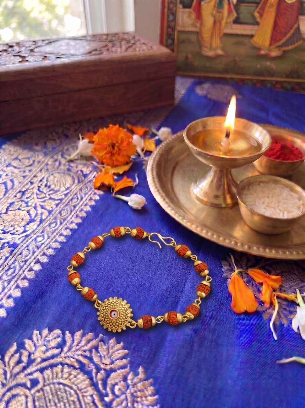 Gold Plated Sun Design Evil Eye Bracelet Rakhi for Brother