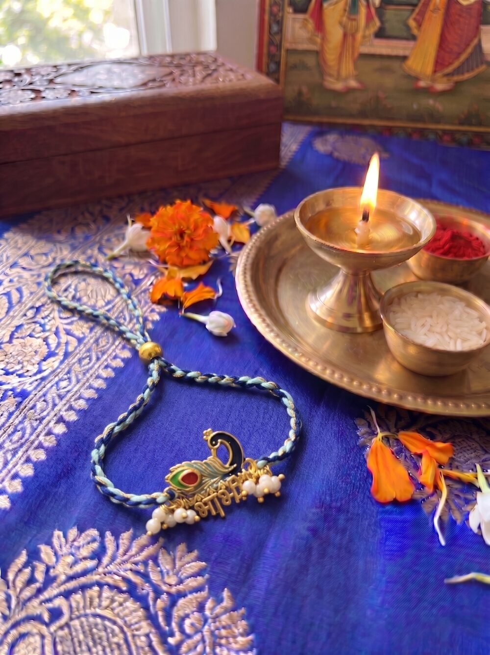 Traditional Blue Thread Peacock Lumba Rakhi for Sister-in-Law (Bhabhi)